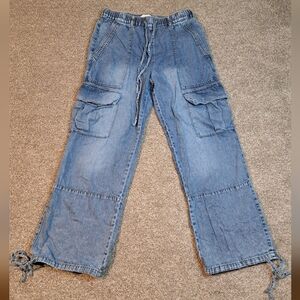 Habitual Pull On Denim Wide Leg Cargo Jeans Drawstring Waist & Pants Hem